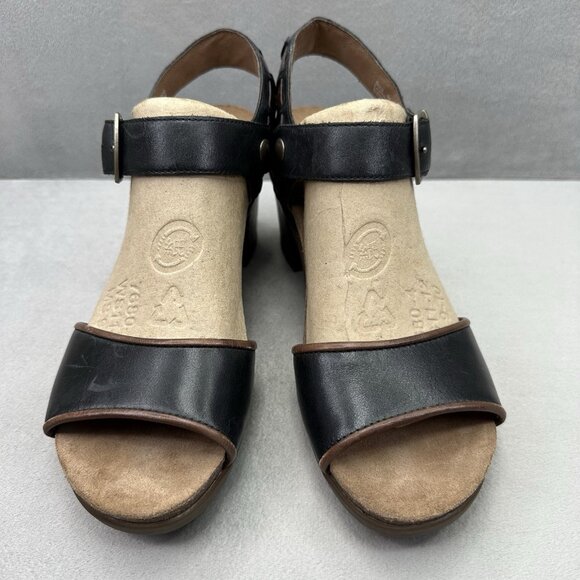 Womens 9.5-10 / EU 40 Dansko Debby Heeled Sandals Black Leather Raffia Chunky - Picture 2 of 8